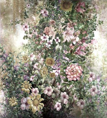 Soyut renkli çiçekler suluboya resim. Bahar çok renkli