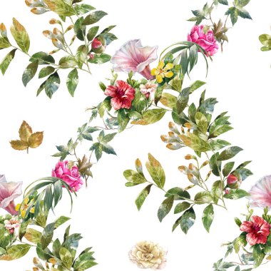 Suluboya resim yaprak ve çiçekler, beyaz zemin üzerine Dikişsiz desen