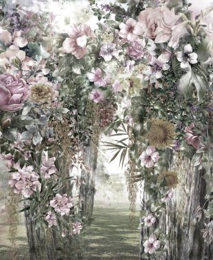 Soyut renkli çiçekler suluboya resim. Bahar çok renkli