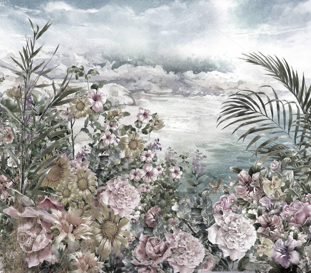 Abstract flowers watercolor painting. Spring multicolored near the sea illustration