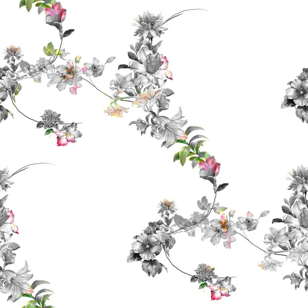 수채화 그림 잎과 꽃, 흰색 바탕에 완벽 한 패턴 — 스톡 사진