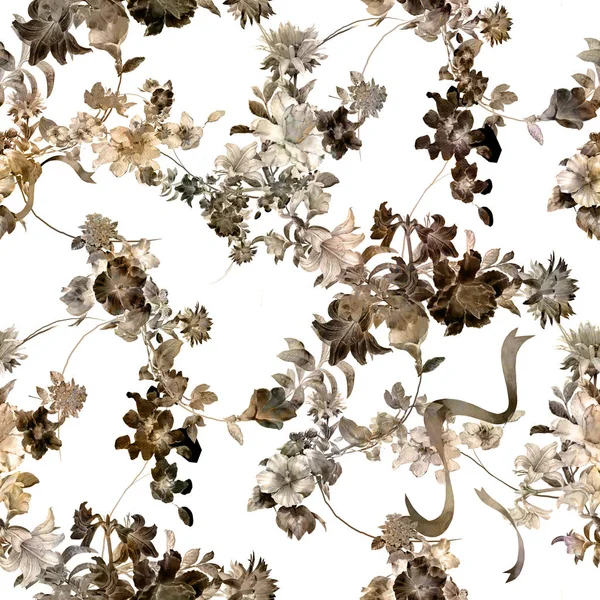 Watercolor painting leaf and flowers, seamless pattern on white background