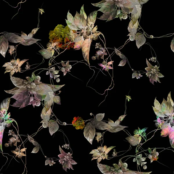 Acuarela pintura hoja y flores, patrón sin costuras sobre fondo oscuro — Foto de Stock