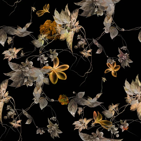 Suluboya resim yaprak ve çiçekler, koyu arka plan üzerinde seamless modeli