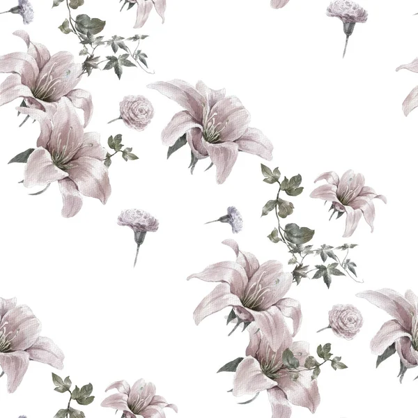 Akvarellmålning blad och blommor, sömlösa mönster på vit bakgrund — Stockfoto