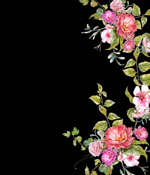 Suluboya resim yaprak ve çiçek, koyu arka plan üzerinde — Stok fotoğraf