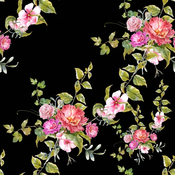 Акварельний живопис лист і квіти, безшовний візерунок на темному фоні — стокове фото