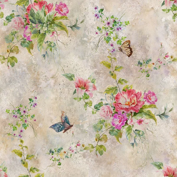 Suluboya resim yaprak ve çiçekler, seamless modeli