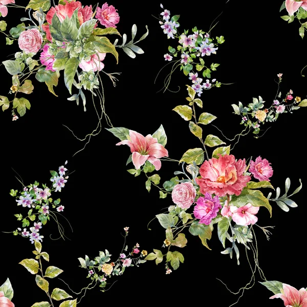 Acuarela pintura hoja y flores, patrón sin costuras sobre fondo oscuro —  Fotos de Stock