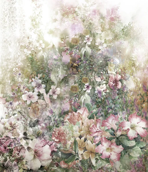 Soyut renkli çiçekler suluboya resim. Bahar çok renkli 