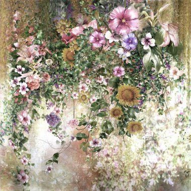 Soyut renkli çiçekler suluboya resim. Bahar çok renkli