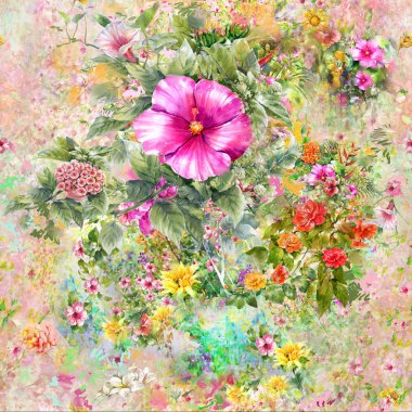 Suluboya resim yaprak ve çiçekler, seamless modeli