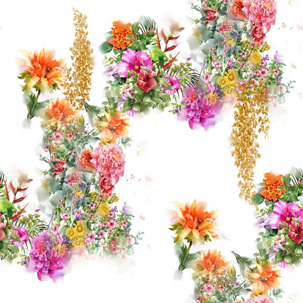 Acuarela pintura hoja y flores, patrón sin costuras sobre fondo blanco — Foto de Stock