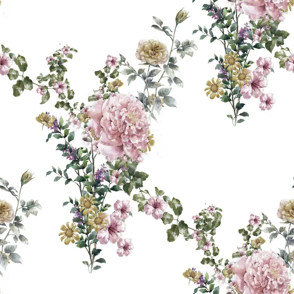 Лист акварели и цветы, бесшовный узор на белом фоне — стоковое фото