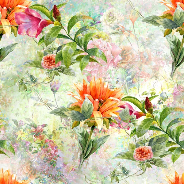 Akwarela malowanie liści i kwiatów, bezszwowy wzór. — Zdjęcie stockowe