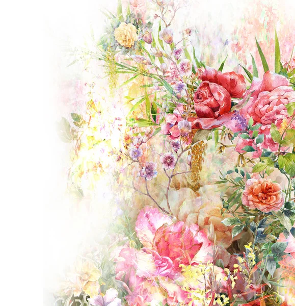 Beyaz arkaplanda yaprakların ve çiçeklerin suluboya resmi.