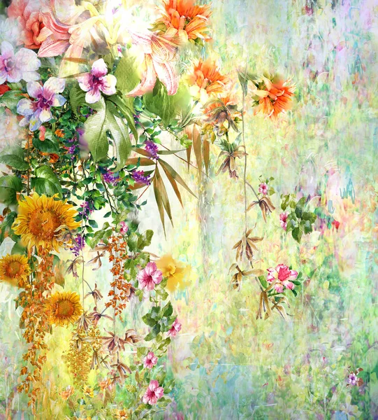Αφηρημένη ζωγραφική με νερομπογιές πολύχρωμα λουλούδια. Πολύχρωμη άνοιξη — Φωτογραφία Αρχείου