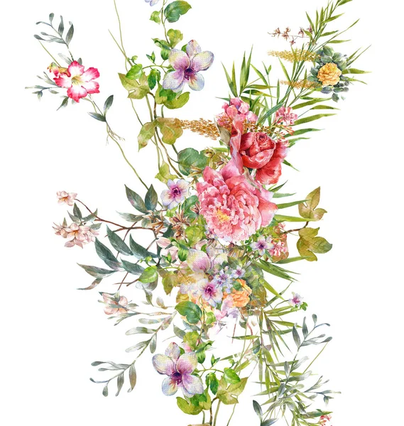 Akvarel malba listí a květin, na bílém pozadí. — Stock fotografie