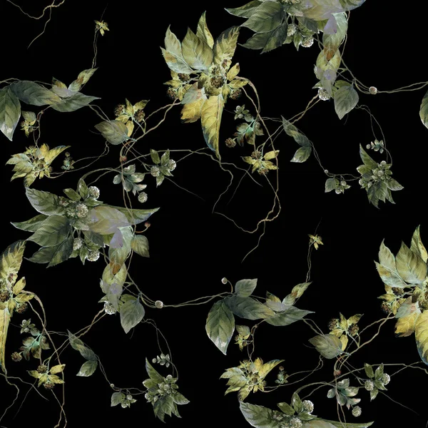Yaprak, seamless modeli koyu arka plan üzerine suluboya resim.
