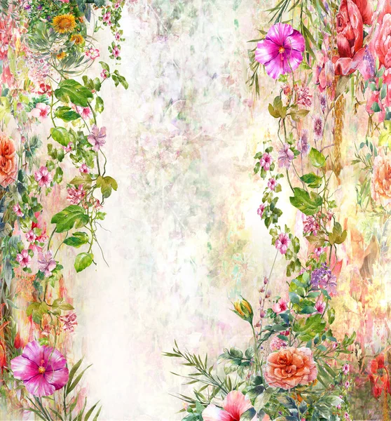 Soyut renkli çiçekler suluboya resim. Bahar çok renkli