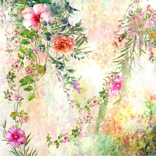 Soyut renkli çiçekler suluboya resim. Bahar çok renkli.