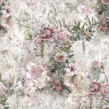 Yaprak ve çiçeklerin suluboya resmi, kusursuz desen.