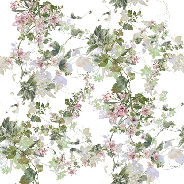 Aquarelle peinture de feuilles et de fleurs, motif sans couture sur fond blanc. — Photo