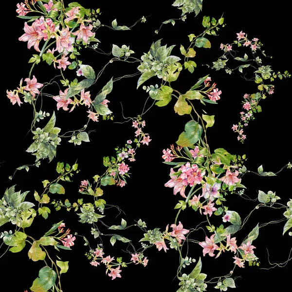 Aquarela pintura de folha e flores, padrão sem costura no fundo escuro — Fotografia de Stock