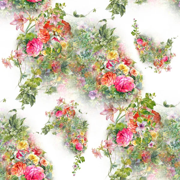 Watercolor painting of leaf and flowers, seamless pattern on white background. — Stock Photo, Image