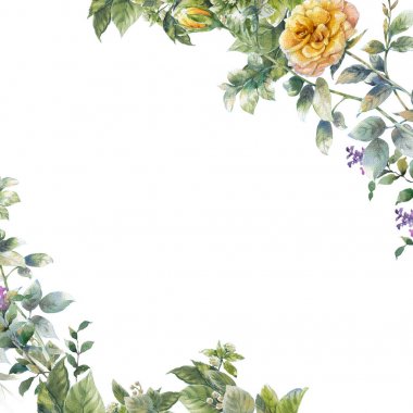 Koyu arkaplanda yaprakların ve çiçeklerin suluboya resmi.