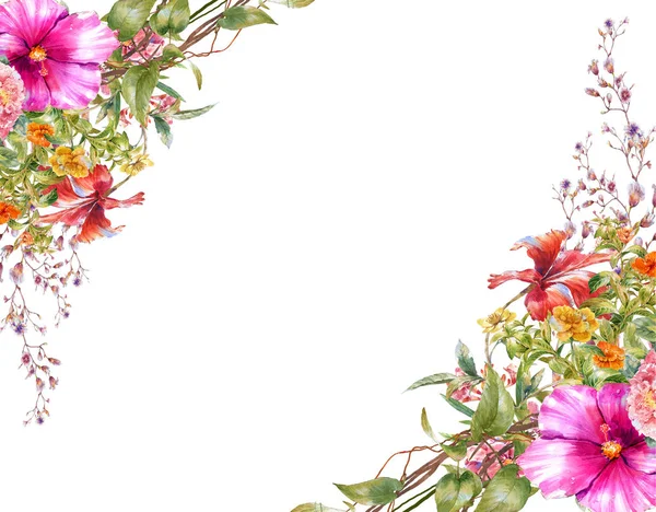 Aquarela pintura de folhas e flores, sobre fundo branco. — Fotografia de Stock