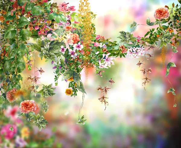Soyut renkli çiçekler suluboya resim. Bahar doğada çok renkli. — Stok fotoğraf