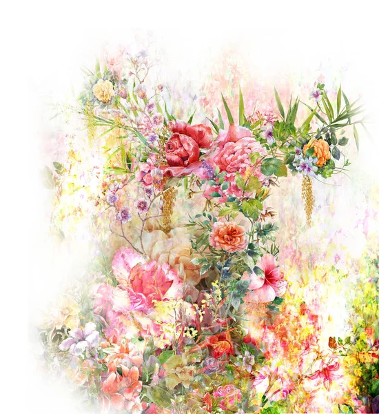 Akvarel malba listí a květin, na bílém pozadí. — Stock fotografie