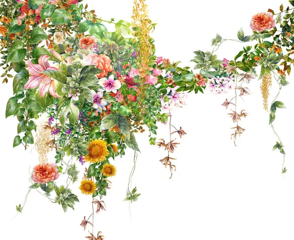 水彩画,叶和花,白色背景. — 图库照片