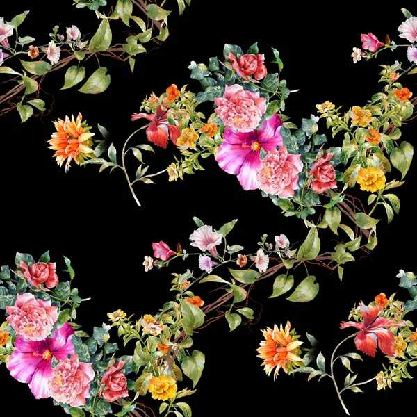 Υδατογραφία των φύλλων και των λουλουδιών, αδιάλειπτη μοτίβο σε σκούρο φόντο. — Φωτογραφία Αρχείου