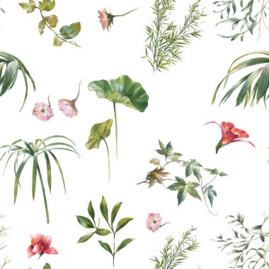 Yaprak ve çiçeklerin suluboya resmi, beyaz arkaplanda pürüzsüz desen.