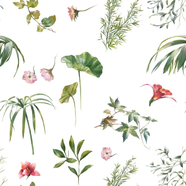 Yaprak ve çiçeklerin suluboya resmi, beyaz arkaplanda pürüzsüz desen.