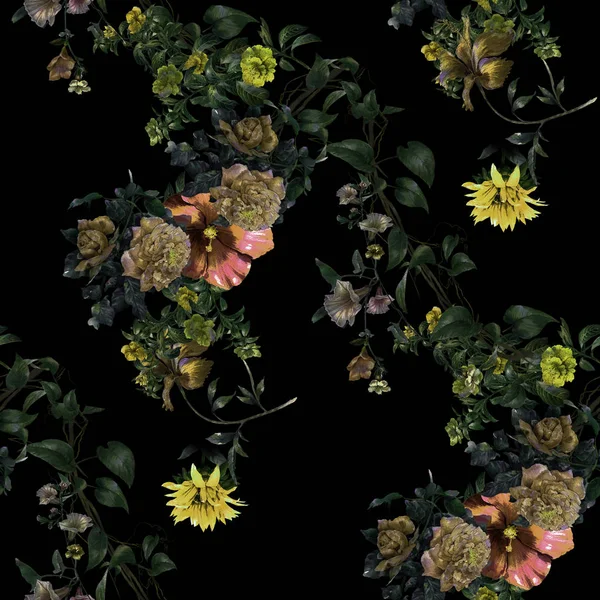 Yaprak ve çiçeklerin suluboya resmi, koyu arkaplanda pürüzsüz desen.