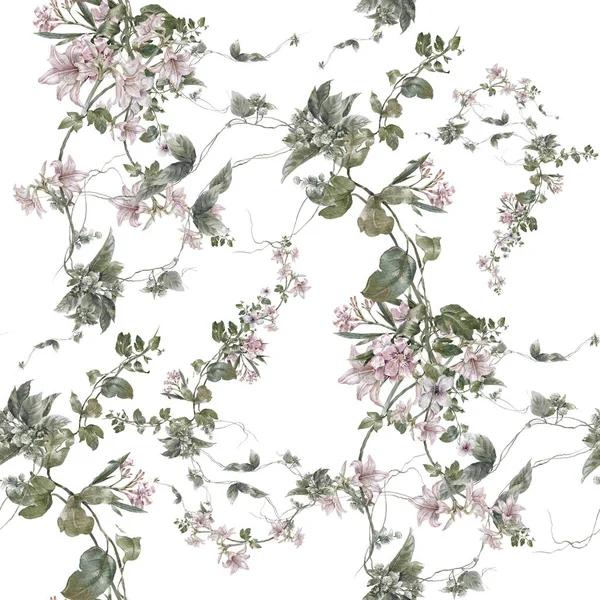 Aquarela pintura de folha e flores, padrão sem costura no fundo branco. — Fotografia de Stock