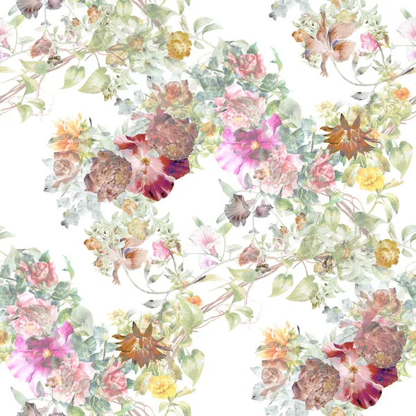 Watercolor painting of leaf and flowers, seamless pattern on white background. — Stock Photo, Image
