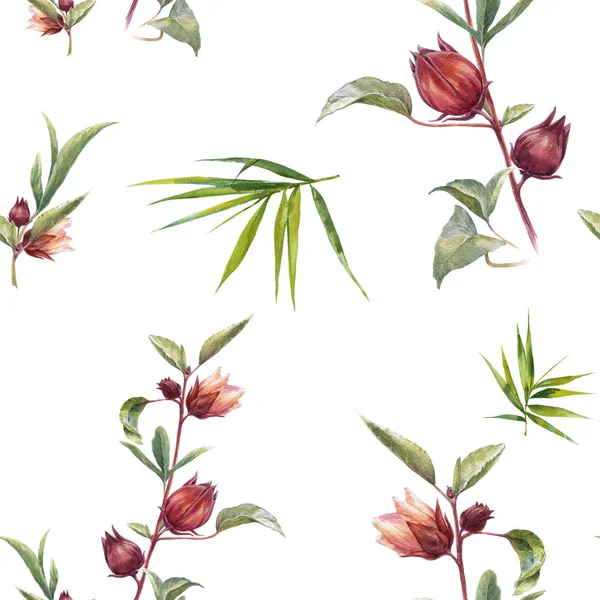 Yaprak ve çiçeklerin suluboya resmi, beyaz arkaplanda pürüzsüz desen