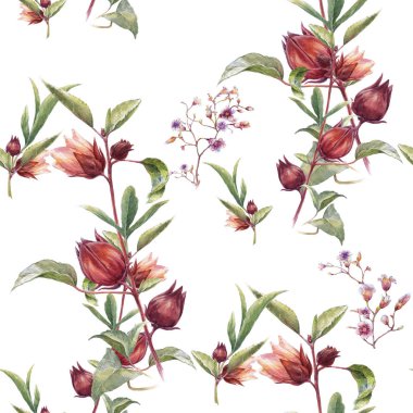 Yaprak ve çiçeklerin suluboya resmi, beyaz arkaplanda pürüzsüz desen