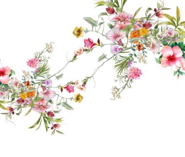 Beyaz arkaplanda yaprakların ve çiçeklerin suluboya resmi 