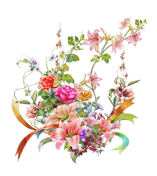 Acuarela pintura de hojas y flores, sobre fondo blanco — Foto de Stock