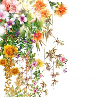 Beyaz arkaplanda yaprakların ve çiçeklerin suluboya resmi.