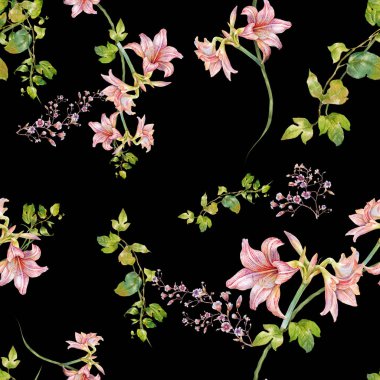 Yaprak ve çiçeklerin suluboya resmi, koyu arkaplanda pürüzsüz desen.