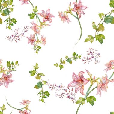 Yaprak ve çiçeklerin suluboya resmi, beyaz arkaplanda pürüzsüz desen.