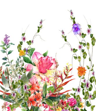 Beyaz arkaplanda yaprakların ve çiçeklerin suluboya resmi.