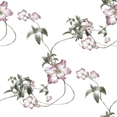 Yaprak ve çiçeklerin suluboya resmi, beyaz arkaplanda pürüzsüz desen.