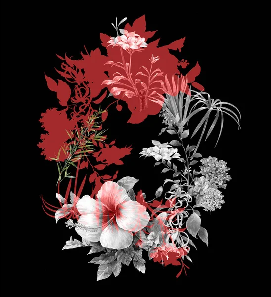 Ακουαρέλα ζωγραφική φύλλων και λουλουδιών, σε σκούρο φόντο. — Φωτογραφία Αρχείου